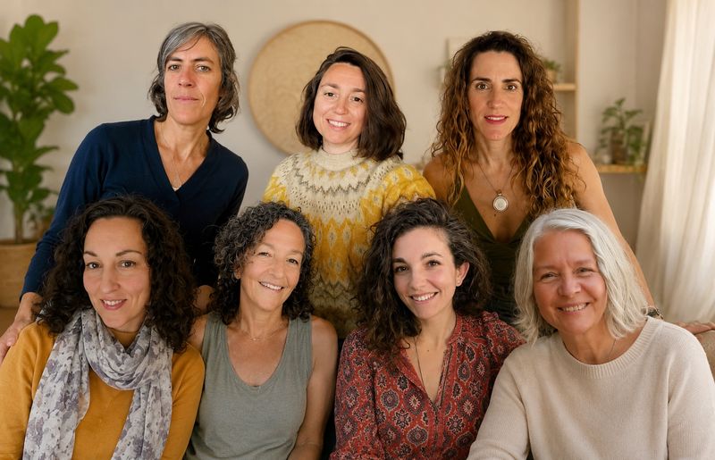 Retrato de grupo de las siete coaches y formadoras de Más Allá de la Visión, sentadas y de pie en una sala luminosa con plantas.